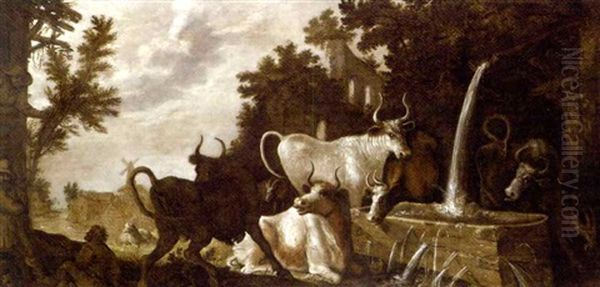 A Wooded Landscape With Peasants By A Cottage And Cattle At A Drinking Trough, A Village Beyond Oil Painting by Roelandt Savery