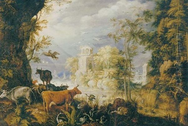 A Wooded Landscape With Cows, Birds And Other Animals By A Lake, With A Village Beyond Oil Painting by Roelandt Savery