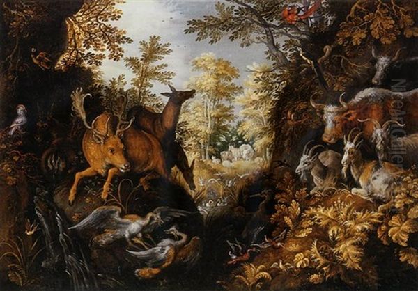 A Stag, Deers, Herons, Goats, Parrots And Other Animals In A Forest Oil Painting by Roelandt Savery