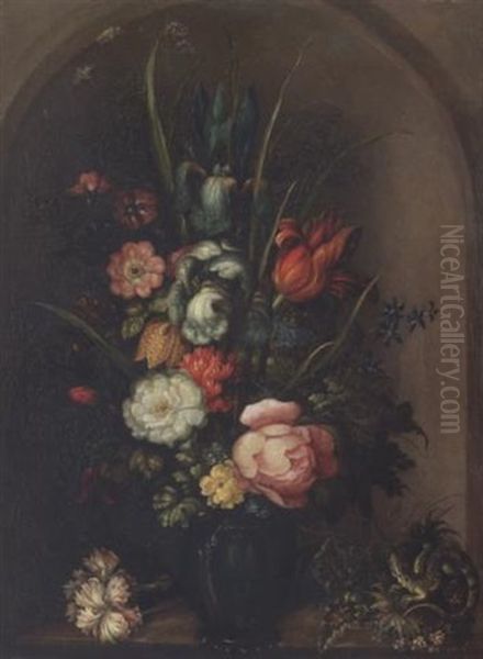 Irises, Roses, A Tulip, A Fritillary, Forget-me-nots, Yarrow And Other Flowers In A Glass Vase In A Stone Niche With A Carnation And A Lizard On The Ledge Oil Painting by Roelandt Savery