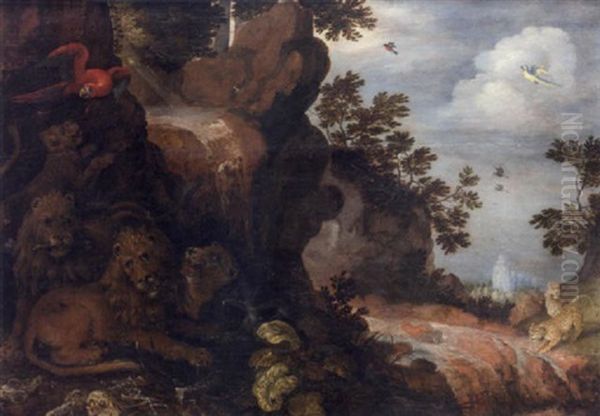 Lions Resting In A Wooded Glade With A Parrot, Animal Bones And A Waterfall Nearby, Two Leopards On The Bank Beyond Oil Painting by Roelandt Savery