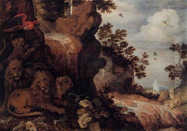 A Rocky Landscape With A Lion, Leopards And Birds Oil Painting by Roelandt Savery