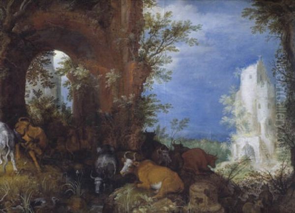 Landschaft Mit Kuhen, Hirschen Und Wasservogeln An Einem Wasserfall Vor Einer Ruine Oil Painting by Roelandt Savery