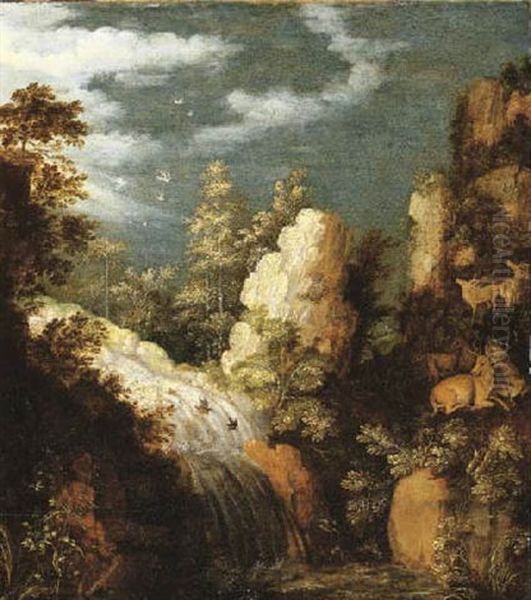 A Rocky Wooded Landscape With Deer Resting By A Waterfall Oil Painting by Roelandt Savery