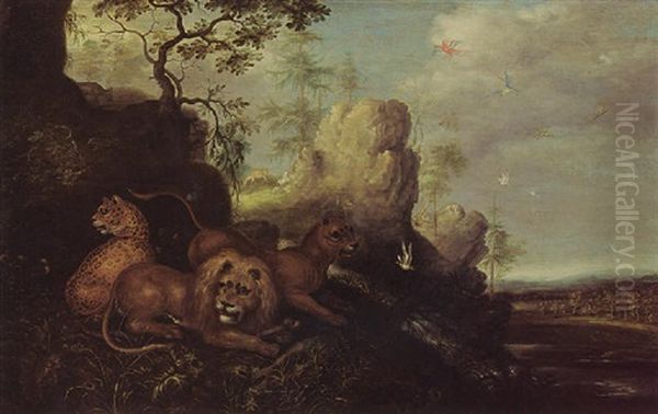 A Lion, A Lioness And A Leopard In A Mountainous Wooded Landscape With Macaws And Birds Near A Waterfall Oil Painting by Roelandt Savery