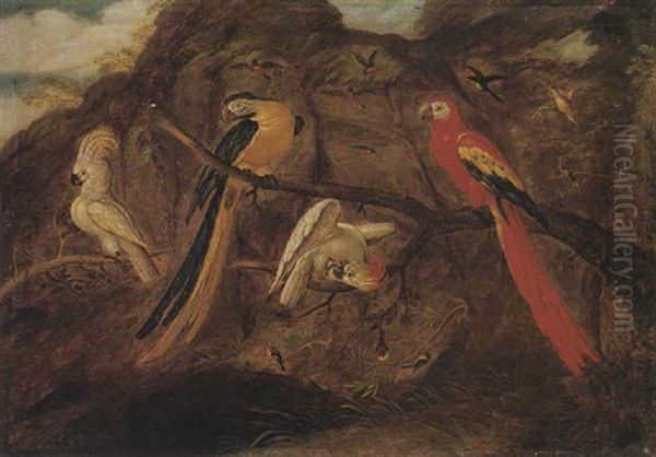 A Scarlet And Blue And Gold Macaw With Sulphur-crested Cockatoos And Other Birds, In A Landscape Oil Painting by Roelandt Savery