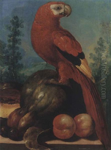 Still Life Of A Macaw Together With Melons, Peaches, And Plums On A Stone Ledge, A Wooded Landscape Beyond Oil Painting by Roelandt Savery