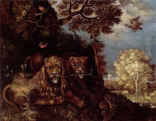 A Lion And Lioness In A Landscape Oil Painting by Roelandt Savery