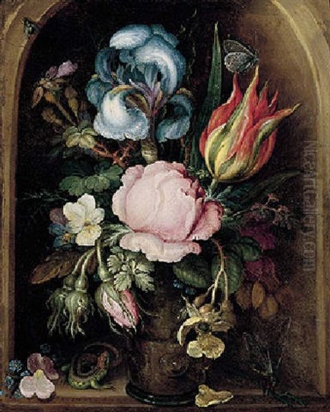 A Still Life Of An Iris, A Tulip, A Rose, Moss-roses And Other Flowers And Plants In A Glass Vase, Flanked By A Lizard And A Dragonfly Oil Painting by Roelandt Savery