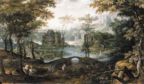 A Wooded River Landscape With Latona And The Frogs Oil Painting by Roelandt Savery