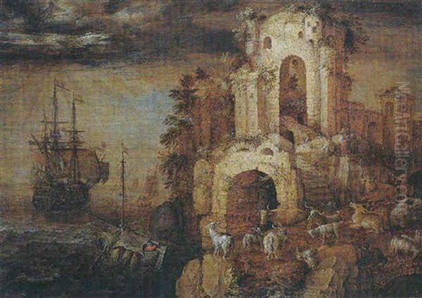 A Coastal Scene Under A Glowering Sky, With Goats And Other Animals And Peasants Among Ruins Oil Painting by Roelandt Savery