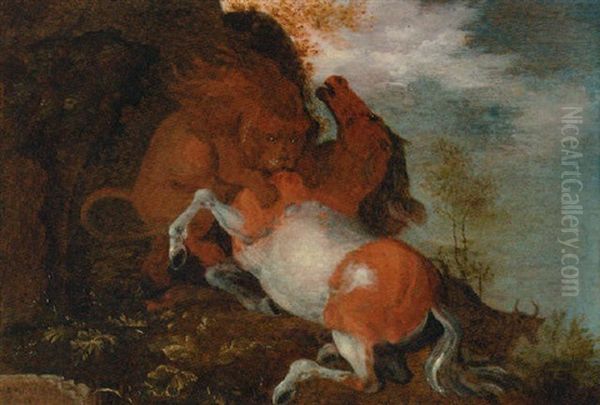 A Lion Attacking A Horse Oil Painting by Roelandt Savery