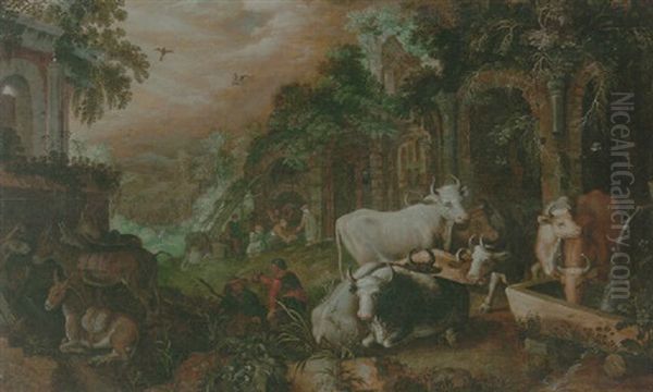 Herders Resting And Watering Their Animals By A Set Of Ruins by Roelandt Savery