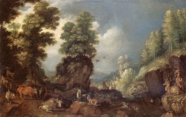 A Rocky Wooded Landscape With Cattle, Goats And Deer Oil Painting by Roelandt Savery