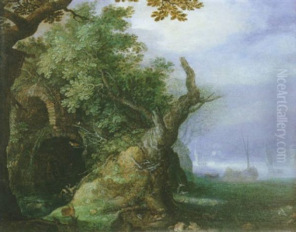 Paysage A La Grotte Et Au Tronc D'arbre Oil Painting by Roelandt Savery