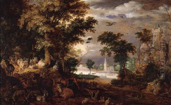 A Wooded River Landscape With Cows And Goats In The Foreground, A Castle On A Rock And A Church Beyond Oil Painting by Roelandt Savery