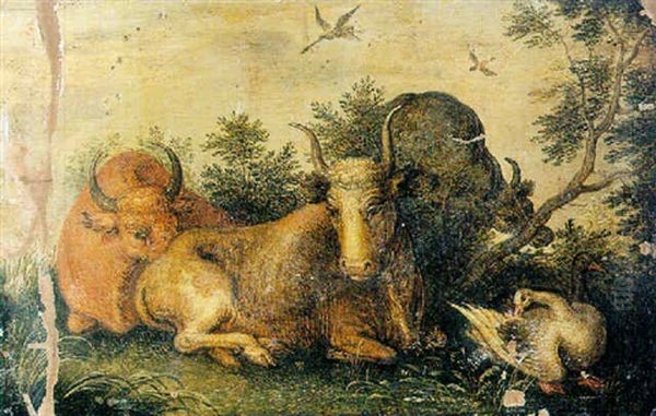 Cows And Ducks In A Wooded Landscape by Roelandt Savery