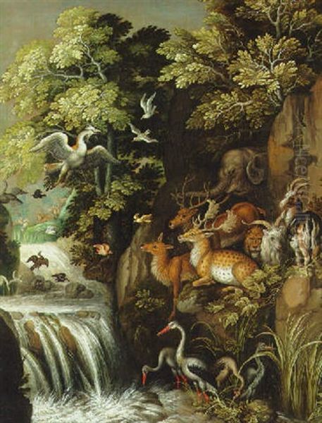 Deer, Goats, An Elephant And Other Animals By A Waterfall Oil Painting by Roelandt Savery