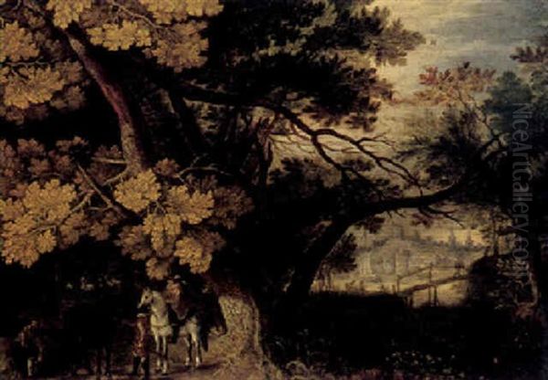 A Wooded Landscape With Figures And Their Horses Resting On A Track, A Riverside Town Beyond Oil Painting by Roelandt Savery