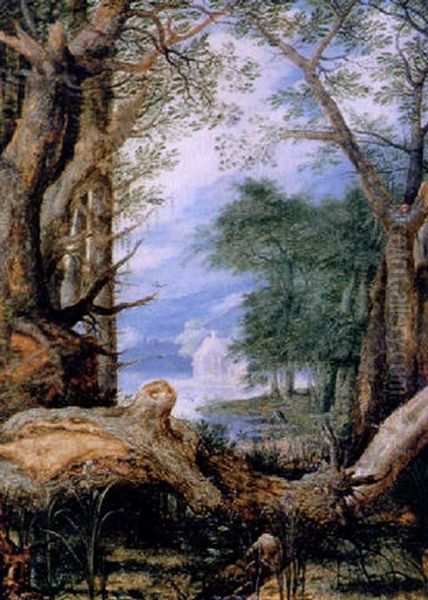 A Heron In A Wooded Marshland Landscape With A Felled Tree In The Forground And A Cottage In The Distance Oil Painting by Roelandt Savery