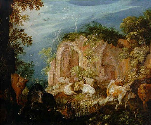 A Landscape With Cattle And Classical Ruins Oil Painting by Roelandt Savery