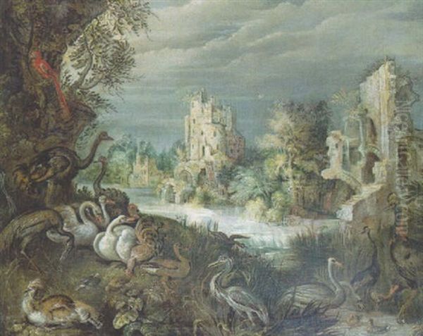 Ducks, Swans And Other Birds On A River Bank, Ruins In A Wooded Landscape Beyond Oil Painting by Roelandt Savery