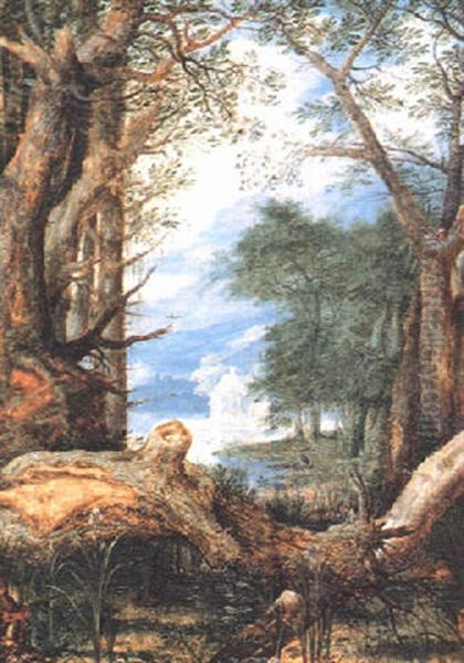 Heron In Wooded Marshland Landscape With A Felled Tree Oil Painting by Roelandt Savery