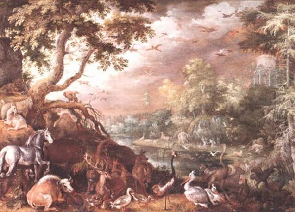 An Extensive Wooded Landscape With Numerous Animals And Orpheus And The Thracian Wives Oil Painting by Roelandt Savery