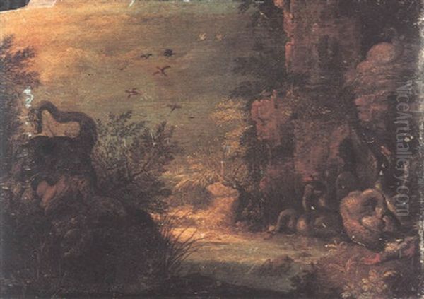 Landscape With Animals And Birds Beside A Water Pool Oil Painting by Roelandt Savery