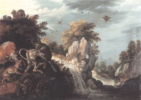 Rocky River Landscape With Two Bulls And A Fox Fighting Oil Painting by Roelandt Savery