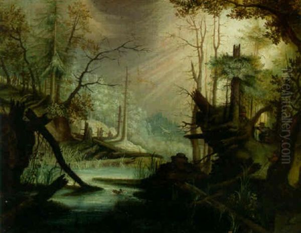 A Wooded River Landscape With Sportsmen Shooting Duck Oil Painting by Roelandt Savery