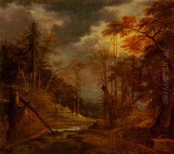 Gebirgige Waldlandschaft Mit Jaeger Im Mondlicht Oil Painting by Roelandt Savery