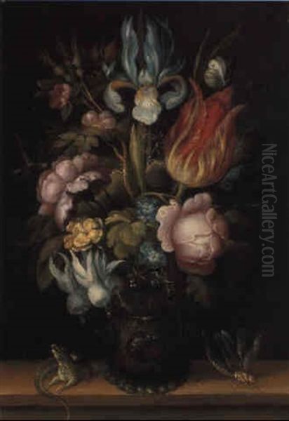 An Iris, Tulip And Other Flowers In A Roemer With Insects On A Wooden Ledge by Roelandt Savery