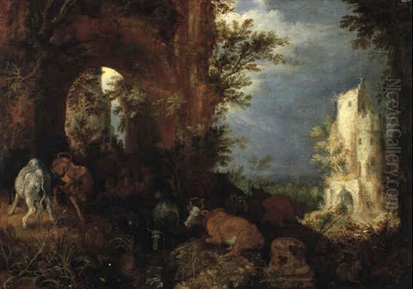 Cows, Deer, Waterfowl, Goats And Sheep By A Torrent Under An Arch Oil Painting by Roelandt Savery