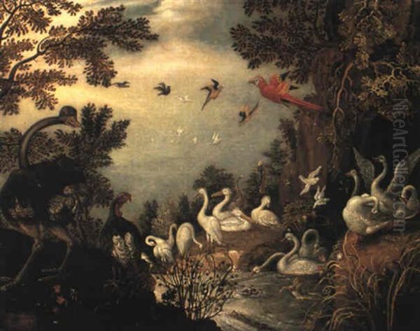 Ostrich, Turkey, Swans, Herrons And Parrots By A River Oil Painting by Roelandt Savery