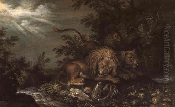 Trois Lions Dans Un Sous-bois Pres D'un Ruisseau Oil Painting by Roelandt Savery