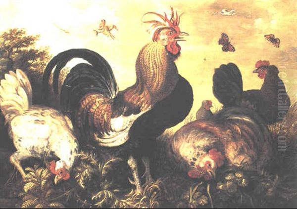 Hens And A Cockerel Foraging Through The Undergrowth Oil Painting by Roelandt Savery