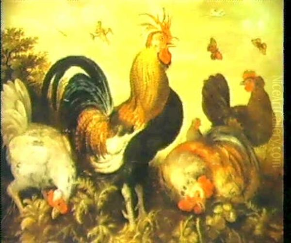 Hens And A Cockerel Foraging In The Undergrowth Oil Painting by Roelandt Savery