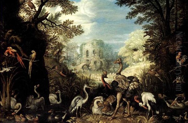 Exotic Birds In A Landscape, A Ruined Tower Beyond. by Roelandt Savery