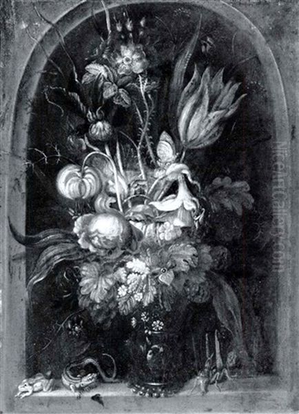 Still Life Of A Tulip, Iris, Roses, Jonquil And Other       Flowers In A Glass In A Niche With A Grasshopper, Lizard Oil Painting by Roelandt Savery