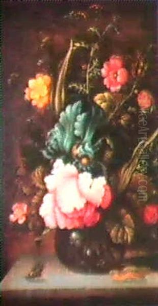 Bouquet De Fleurs Dans Un Verre Avec Une Mouche Et Une      Chenille Oil Painting by Roelandt Savery