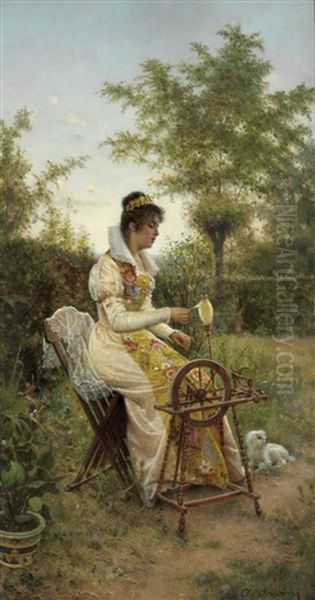 Elegante Dame Am Spinnrad In Einem Sommerlichen Garten Oil Painting by Alfonso Savini