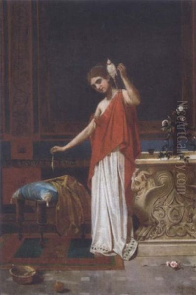 A Classical Maiden Spinning Wool Oil Painting by Alfonso Savini