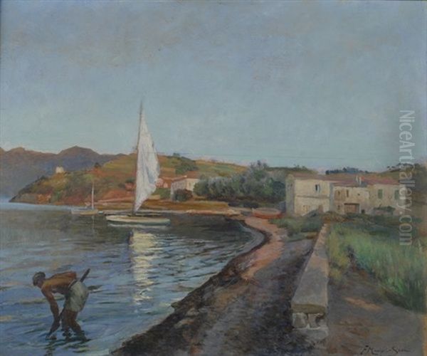 Paesaggio Lacustre Con Barca E Figura Oil Painting by Filippo Martori Savini