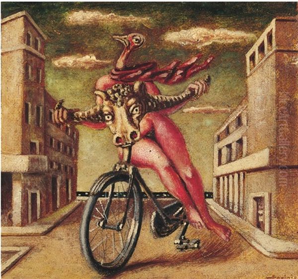 Senza Titolo (figura Con Bicicletta) Oil Painting by Alberto Savinio