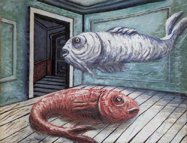 Les Poissons Oil Painting by Alberto Savinio