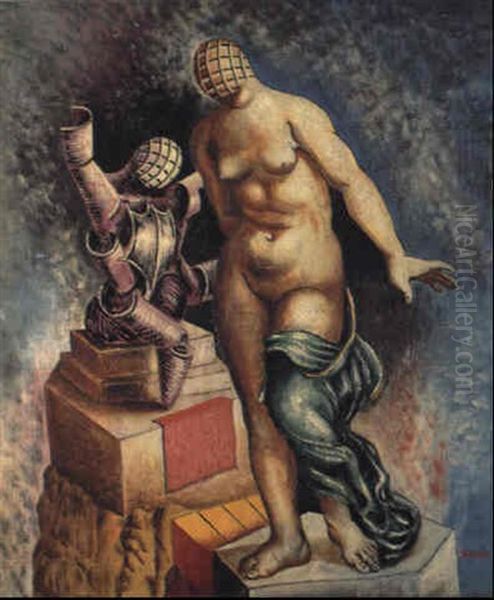 Composizione Con Statua E Manichino Oil Painting by Alberto Savinio