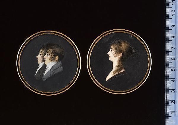 A Double-sided Portrait; A Girl, Profile To The Left, Her Hair Partially Upswept In A Loose Bun, With Curls Falling Over Her Shoulder; Charles-tristan And Louis-desire De Montholon Side By Side, Profile To The Left, Wearing Black Coat The Other Wearing Bl Oil Painting by Charles Guillaume Bourgeois