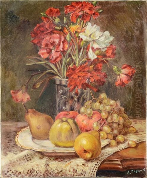 Still Life With Fruits And Flower Vase Oil Painting by Aleksandr Ivanovich Savinov