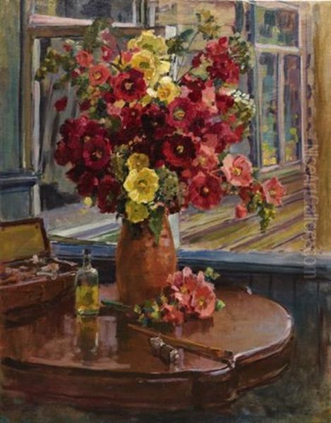 Still Life With Hollyhocks Oil Painting by Georgiy Konstantinovich Savitsky